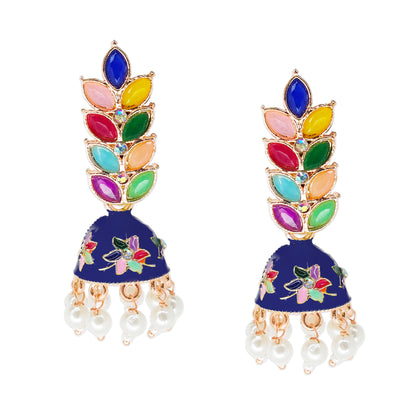 Rose Gold Plated Meenakari Multicolour Leaves Jhumka Earrings with Pearl Hangings