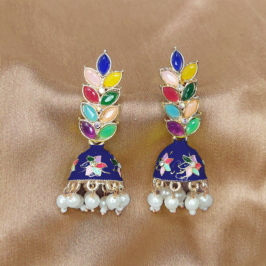 Rose Gold Plated Meenakari Multicolour Leaves Jhumka Earrings with Pearl Hangings