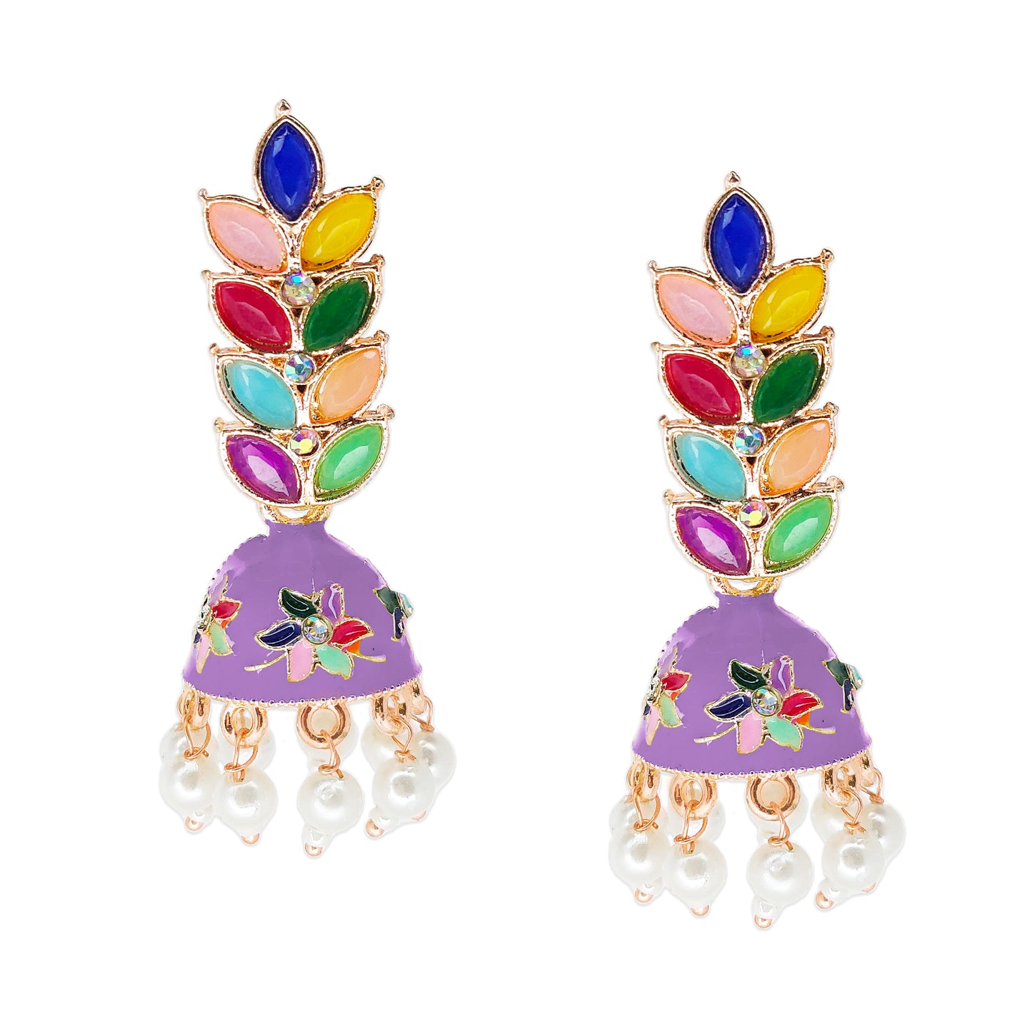 Rose Gold Plated Meenakari Multicolour Leaves Jhumka Earrings with Pearl Hangings