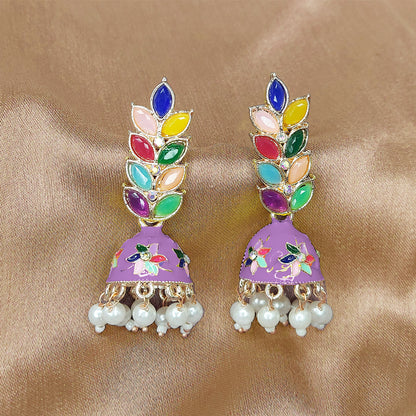 Rose Gold Plated Meenakari Multicolour Leaves Jhumka Earrings with Pearl Hangings