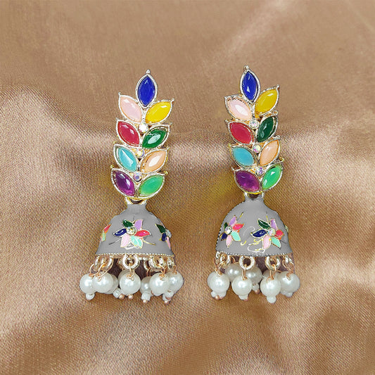 Rose Gold Plated Meenakari Multicolour Leaves Jhumka Earrings with Pearl Hangings