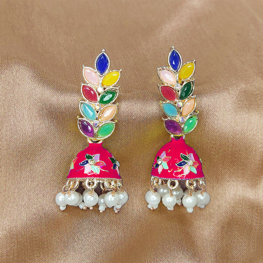 Rose Gold Plated Meenakari Multicolour Leaves Jhumka Earrings with Pearl Hangings