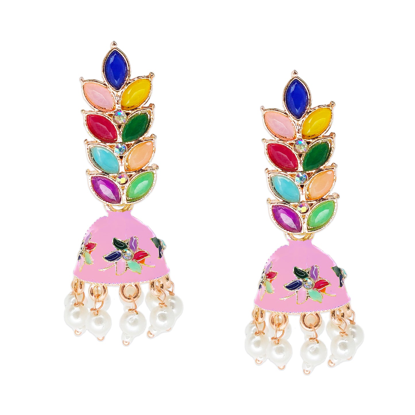 Rose Gold Plated Meenakari Multicolour Leaves Jhumka Earrings with Pearl Hangings