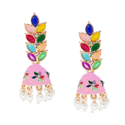 Rose Gold Plated Meenakari Multicolour Leaves Jhumka Earrings with Pearl Hangings