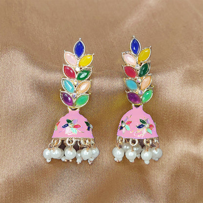 Rose Gold Plated Meenakari Multicolour Leaves Jhumka Earrings with Pearl Hangings