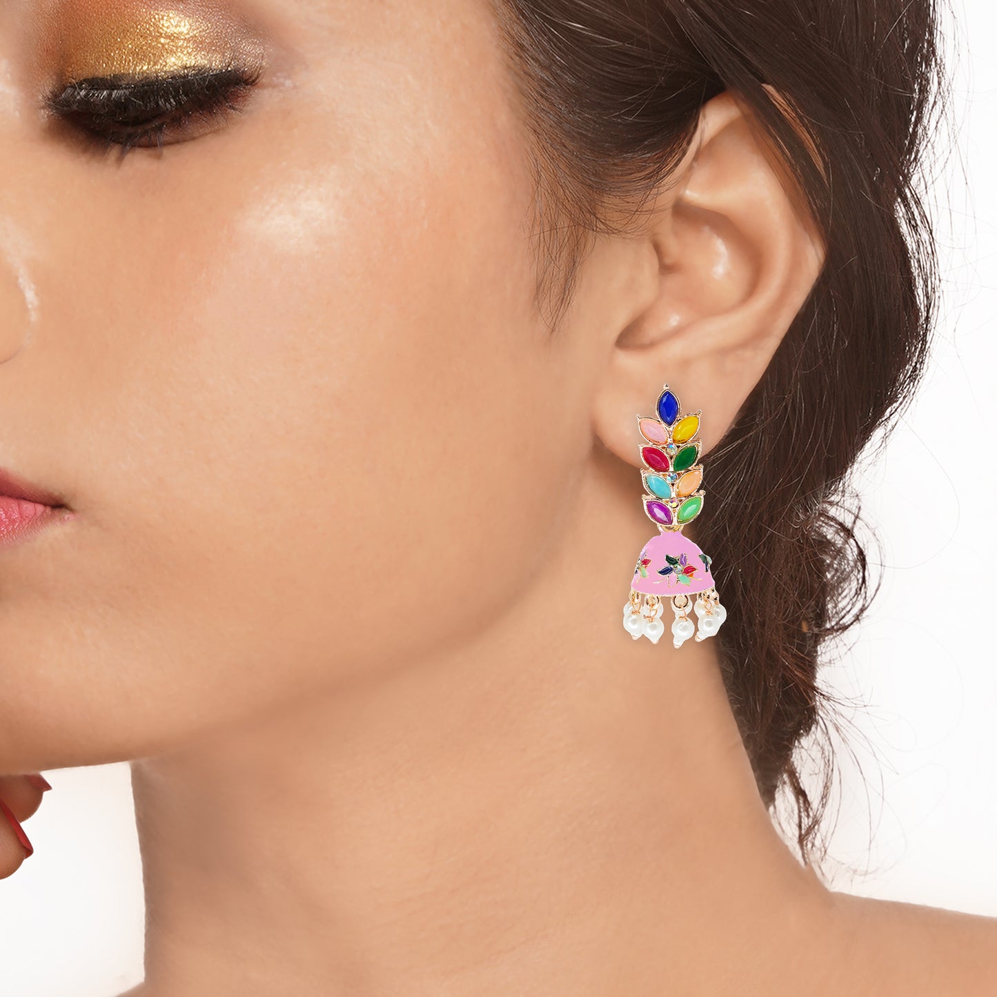 Rose Gold Plated Meenakari Multicolour Leaves Jhumka Earrings with Pearl Hangings