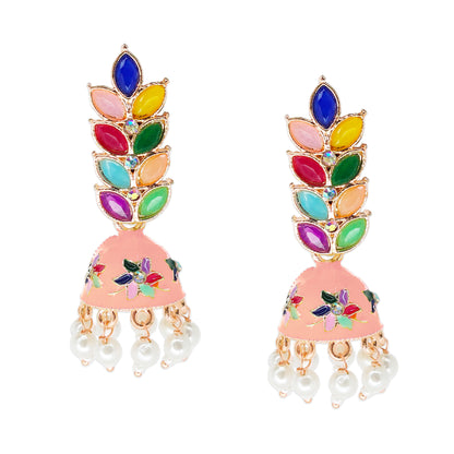 Rose Gold Plated Meenakari Multicolour Leaves Jhumka Earrings with Pearl Hangings