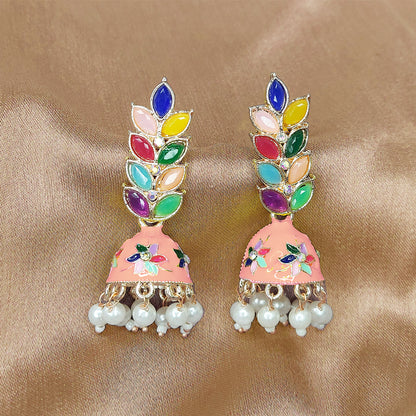 Rose Gold Plated Meenakari Multicolour Leaves Jhumka Earrings with Pearl Hangings