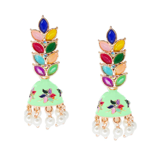 Rose Gold Plated Meenakari Multicolour Leaves Jhumka Earrings with Pearl Hangings