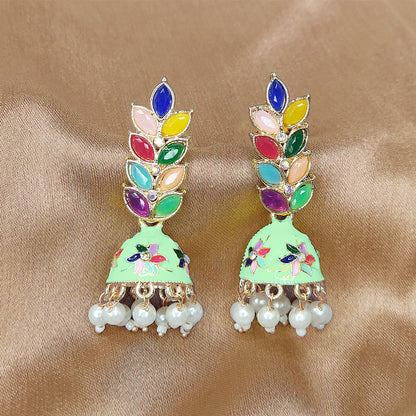 Rose Gold Plated Meenakari Multicolour Leaves Jhumka Earrings with Pearl Hangings