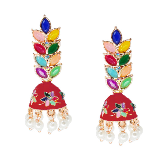 Rose Gold Plated Meenakari Multicolour Leaves Jhumka Earrings with Pearl Hangings