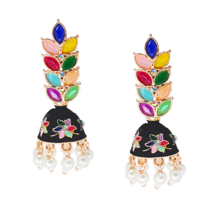 Rose Gold Plated Meenakari Multicolour Leaves Jhumka Earrings with Pearl Hangings