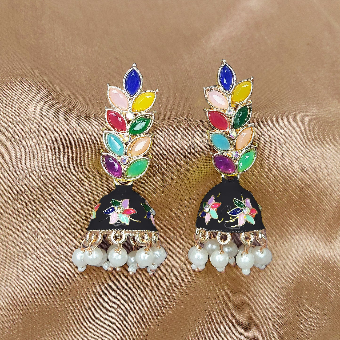 Rose Gold Plated Meenakari Multicolour Leaves Jhumka Earrings with Pearl Hangings