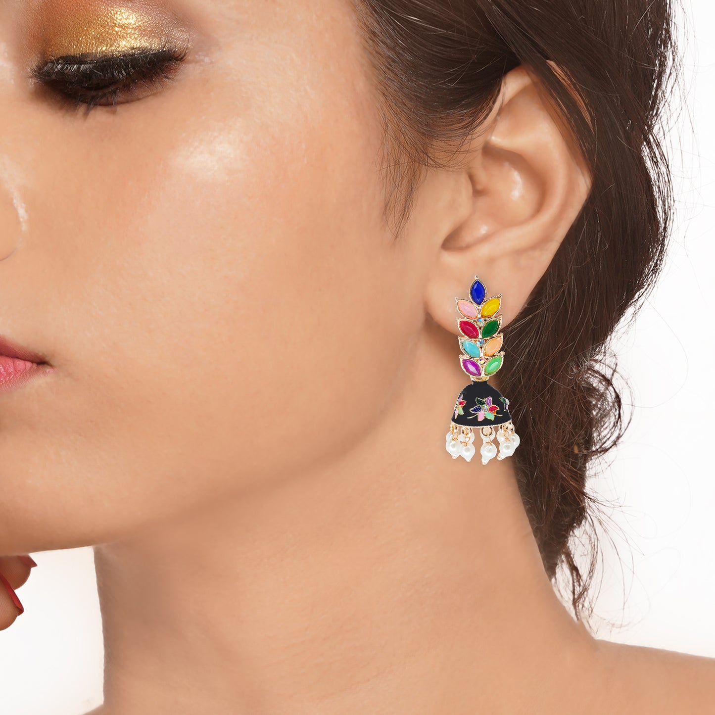 Rose Gold Plated Meenakari Multicolour Leaves Jhumka Earrings with Pearl Hangings