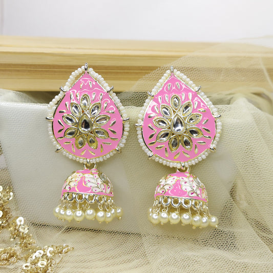 Dangler Kundan Meenakari Work Leaf Shaped Jhumka Earrings with Pearl Hangings