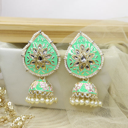 Dangler Kundan Meenakari Work Leaf Shaped Jhumka Earrings with Pearl Hangings