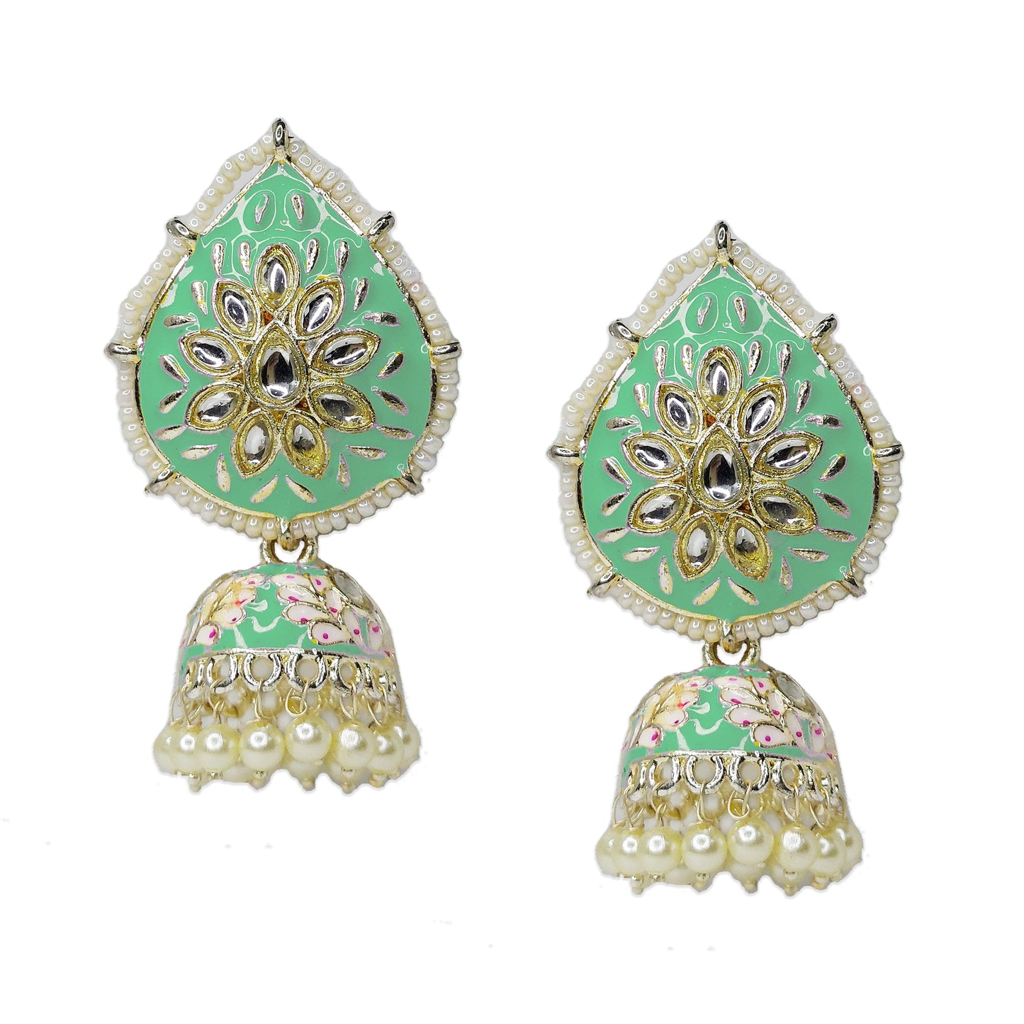 Dangler Kundan Meenakari Work Leaf Shaped Jhumka Earrings with Pearl Hangings