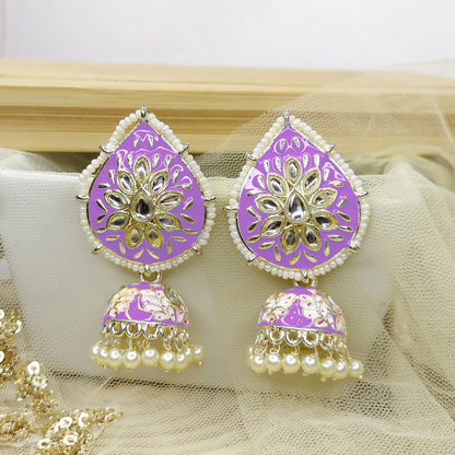 Dangler Kundan Meenakari Work Leaf Shaped Jhumka Earrings with Pearl Hangings