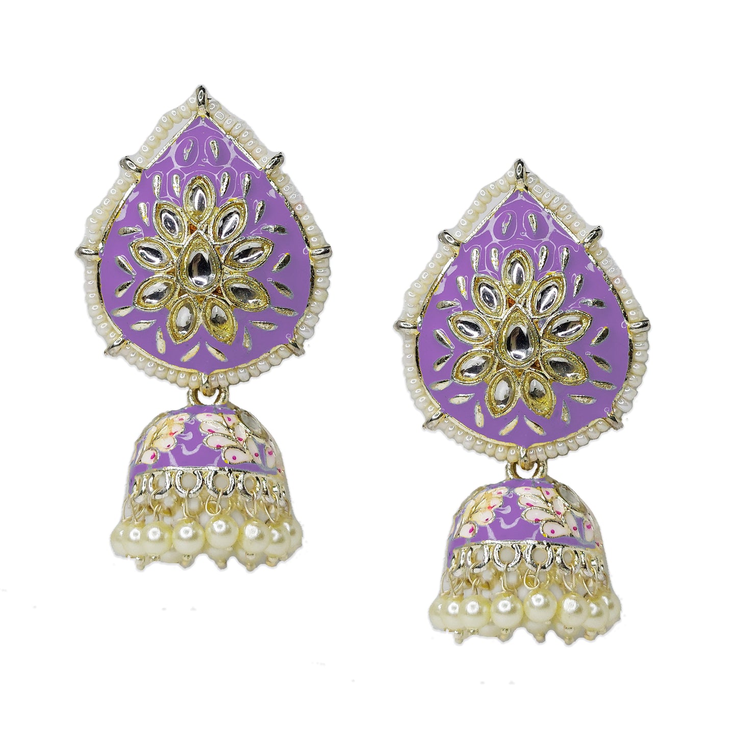 Dangler Kundan Meenakari Work Leaf Shaped Jhumka Earrings with Pearl Hangings