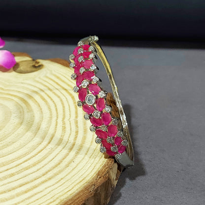 Rhodium Plated CZ Designer Bracelet with Dark Pink Stones for Women