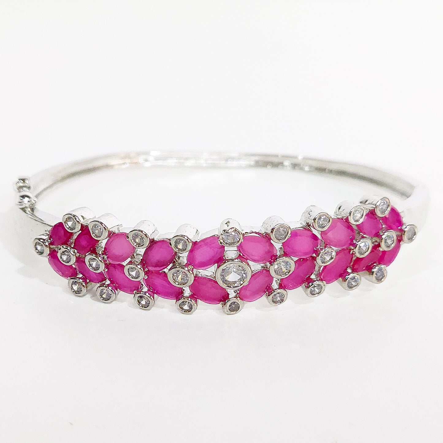 Rhodium Plated CZ Designer Bracelet with Dark Pink Stones for Women