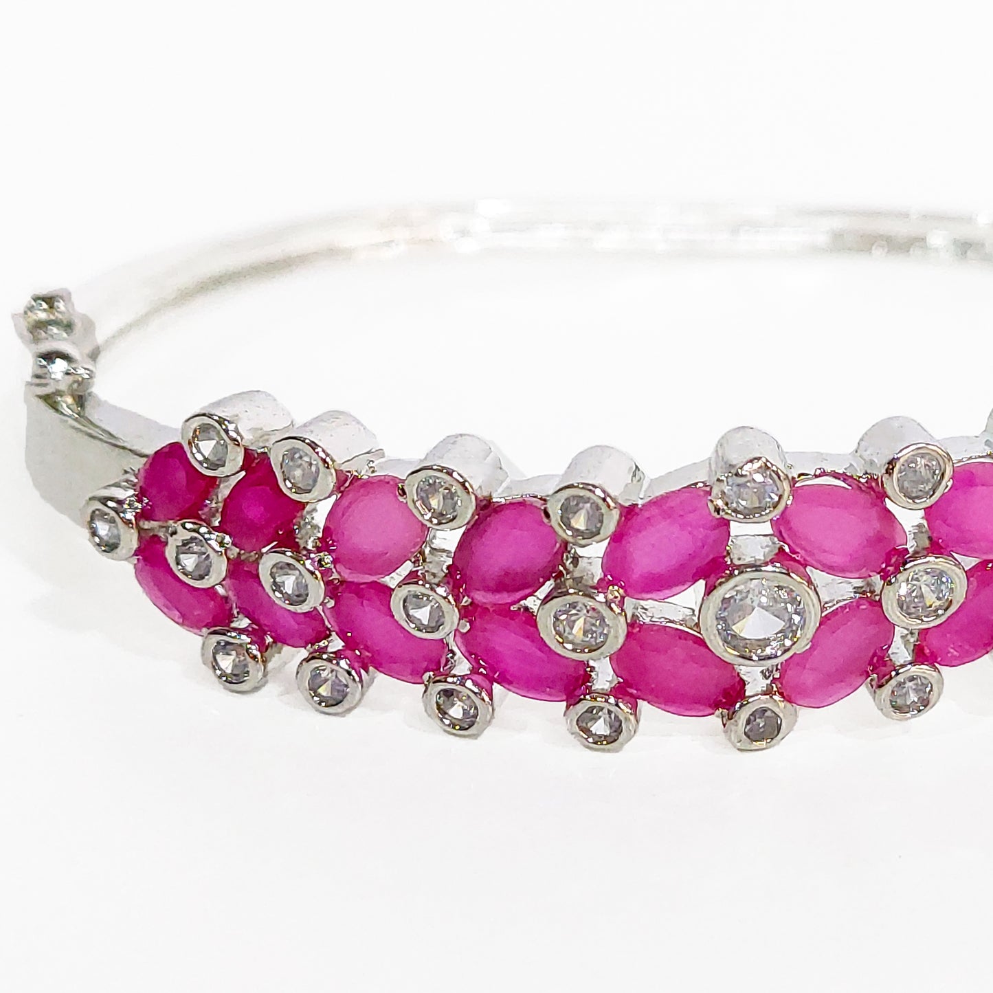 Rhodium Plated CZ Designer Bracelet with Dark Pink Stones for Women