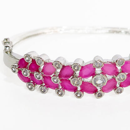 Rhodium Plated CZ Designer Bracelet with Dark Pink Stones for Women