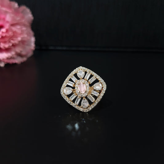 Rose Gold Plated CZ Sparkling Finger Ring with Pink Stone for Women