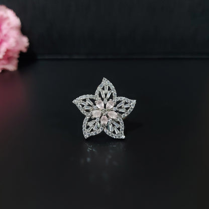 Rhodium Plated CZ Classic Star Floral Shaped Finger Ring for Women