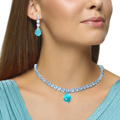 Rhodium Plated Silver Toned American Diamond Studded Necklace with Earring Jewellery Set