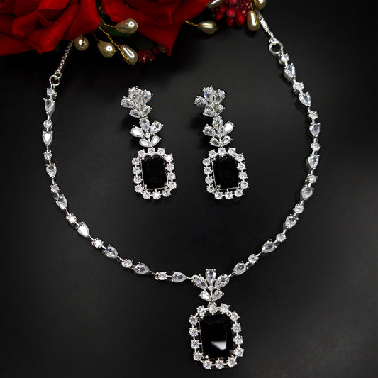 Rhodium Plated Fascinating American Diamond Studded Necklace with Earring Jewellery Set