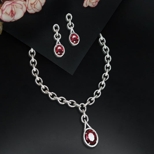 Rhodium Plated Silver Toned American Diamond Studded Necklace with Earring Jewellery Set