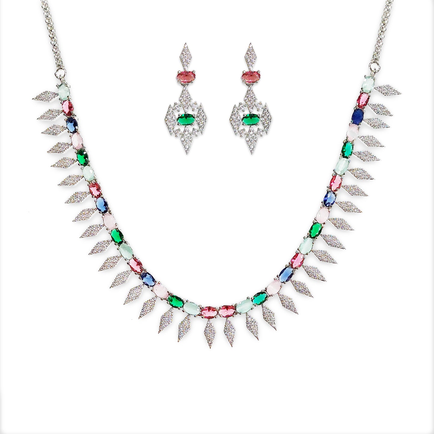 Rhodium Plated Dazzling American Diamond Studded Necklace with Earring Jewellery Set