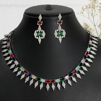 Rhodium Plated Dazzling American Diamond Studded Necklace with Earring Jewellery Set