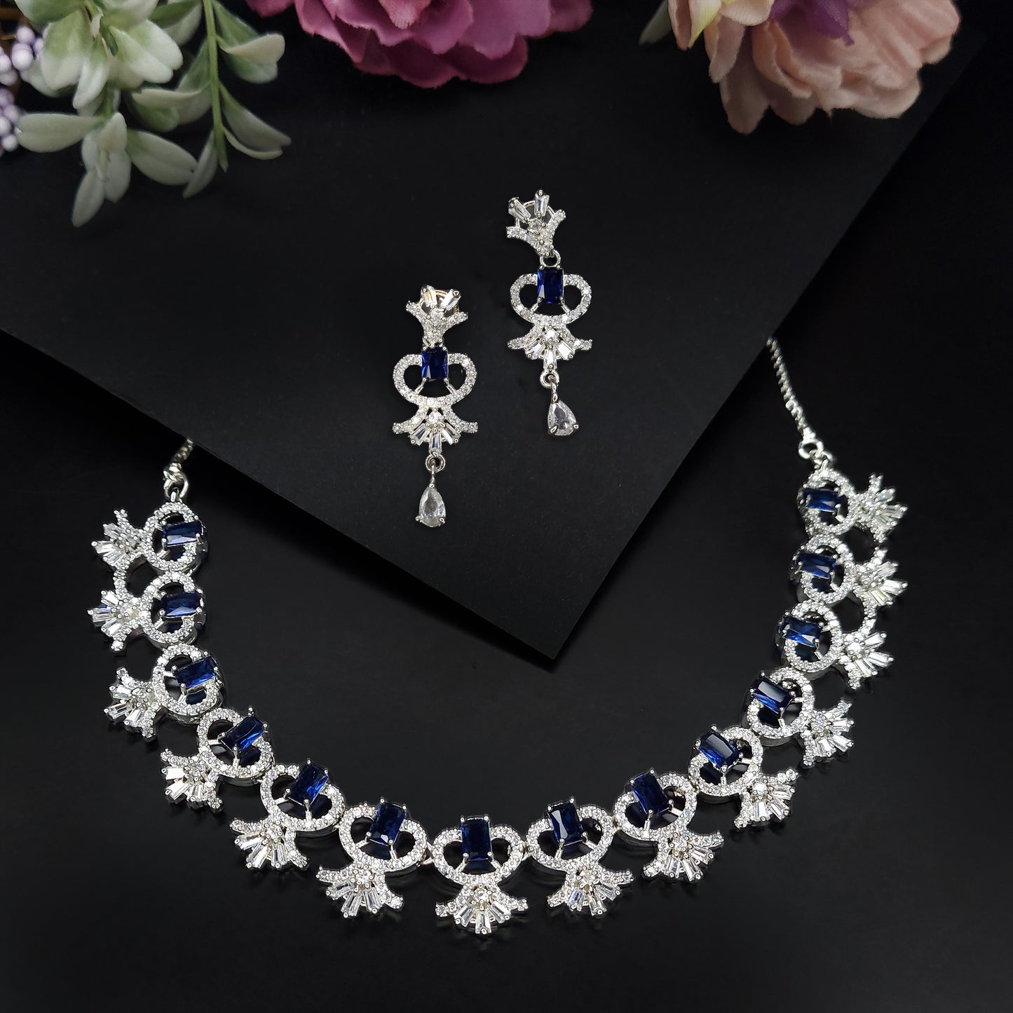 Rhodium Plated Floral Dazzling American Diamond Studded Necklace with Earring Jewellery Set