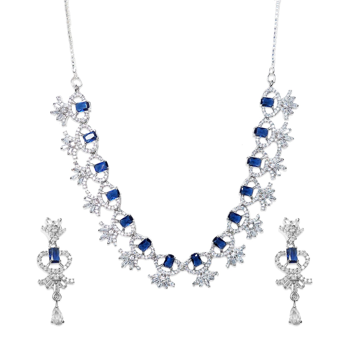 Rhodium Plated Floral Dazzling American Diamond Studded Necklace with Earring Jewellery Set