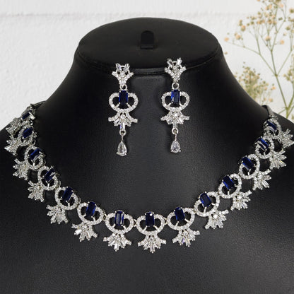 Rhodium Plated Floral Dazzling American Diamond Studded Necklace with Earring Jewellery Set