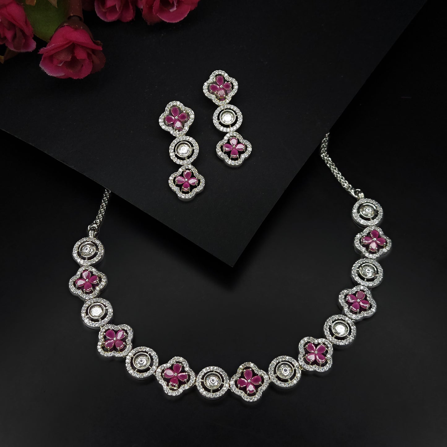 Rhodium Plated Floral Kundan American Diamond Studded Necklace with Earring Jewellery Set