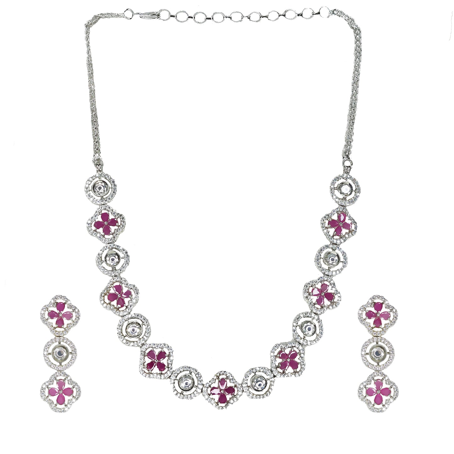 Rhodium Plated Floral Kundan American Diamond Studded Necklace with Earring Jewellery Set