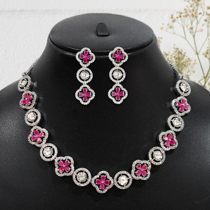 Rhodium Plated Floral Kundan American Diamond Studded Necklace with Earring Jewellery Set