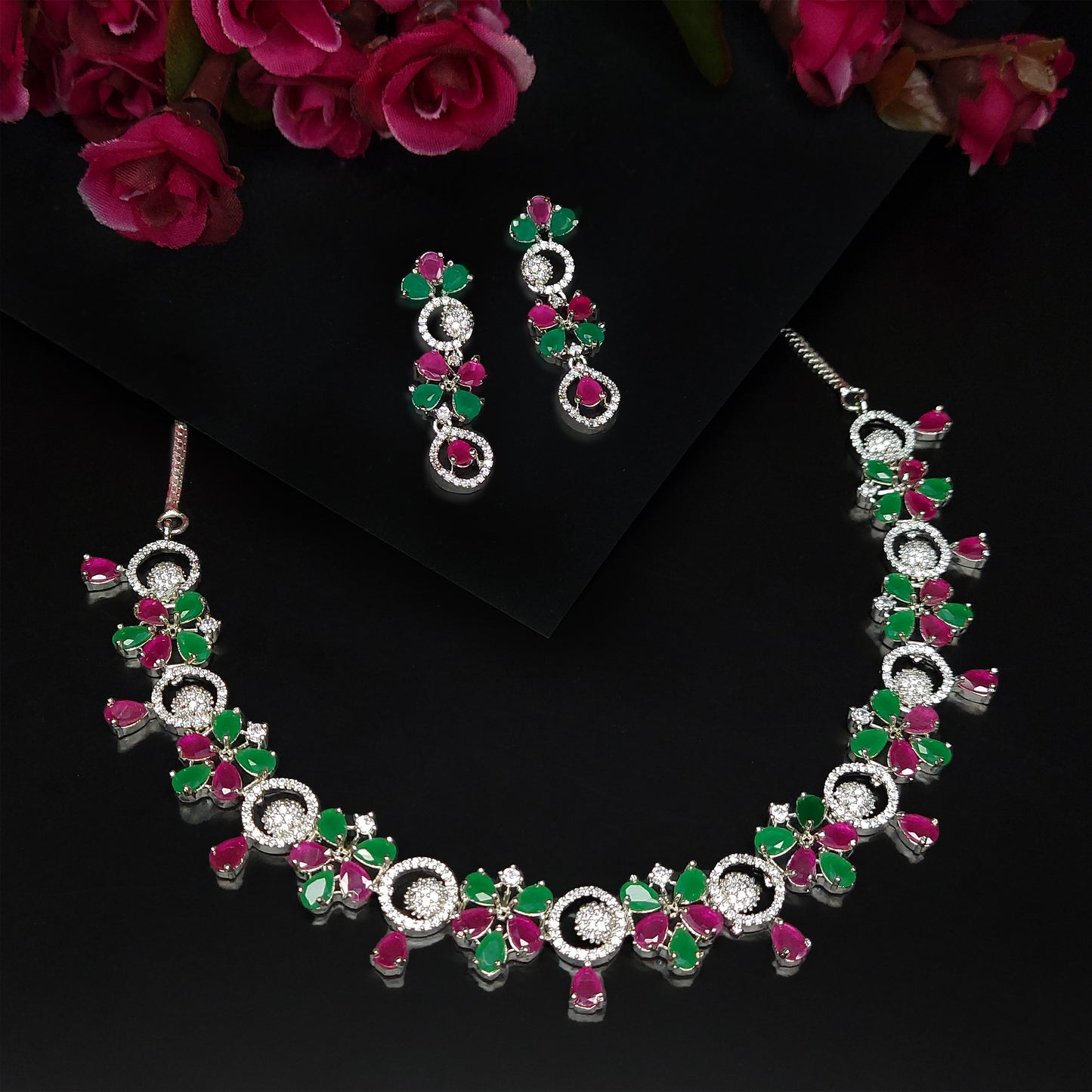 Rhodium Plated Floral Fascinating American Diamond Studded Necklace with Earring Jewellery Set