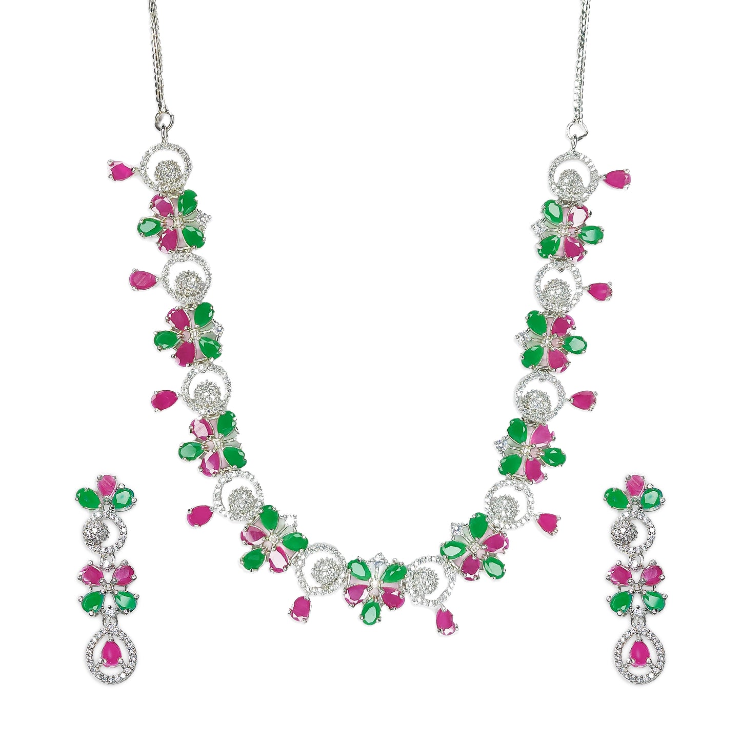 Rhodium Plated Floral Fascinating American Diamond Studded Necklace with Earring Jewellery Set