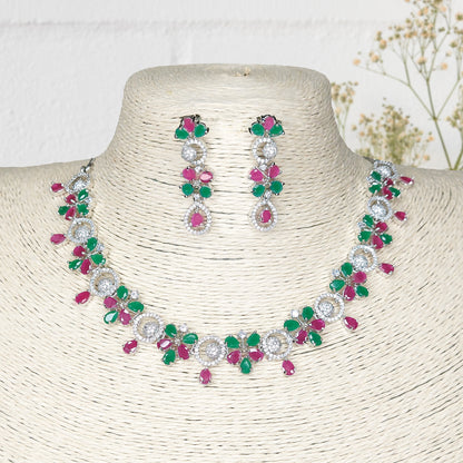 Rhodium Plated Floral Fascinating American Diamond Studded Necklace with Earring Jewellery Set