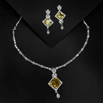 Rhodium Plated Sleek American Diamond Studded Necklace with Earring Jewellery Set