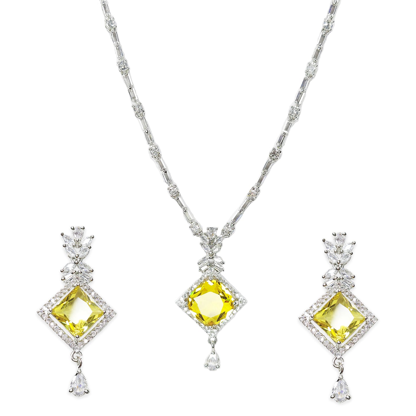 Rhodium Plated Sleek American Diamond Studded Necklace with Earring Jewellery Set