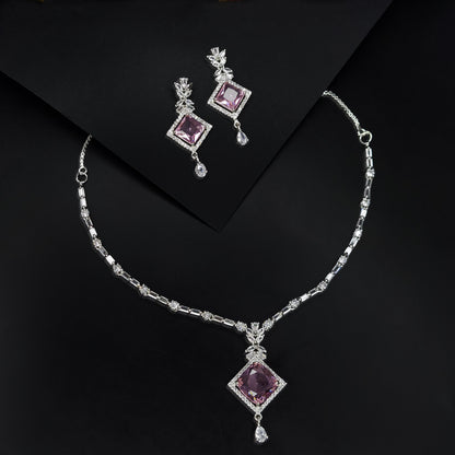 Rhodium Plated Sleek American Diamond Studded Necklace with Earring Jewellery Set