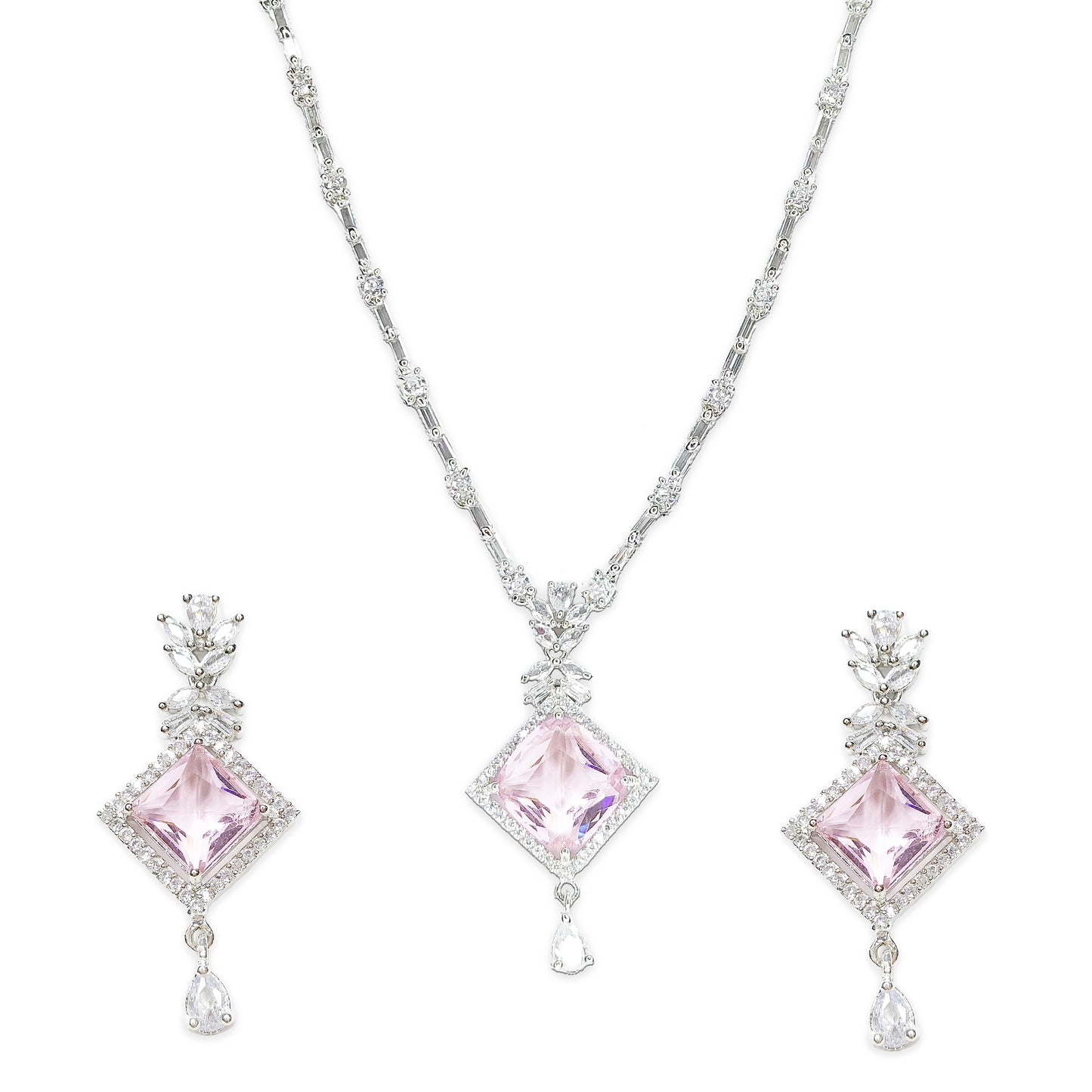 Rhodium Plated Sleek American Diamond Studded Necklace with Earring Jewellery Set