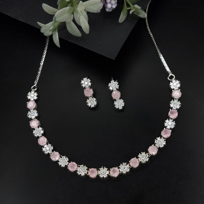 Rhodium Plated Floral Sleek American Diamond Studded Necklace with Earring Jewellery Set