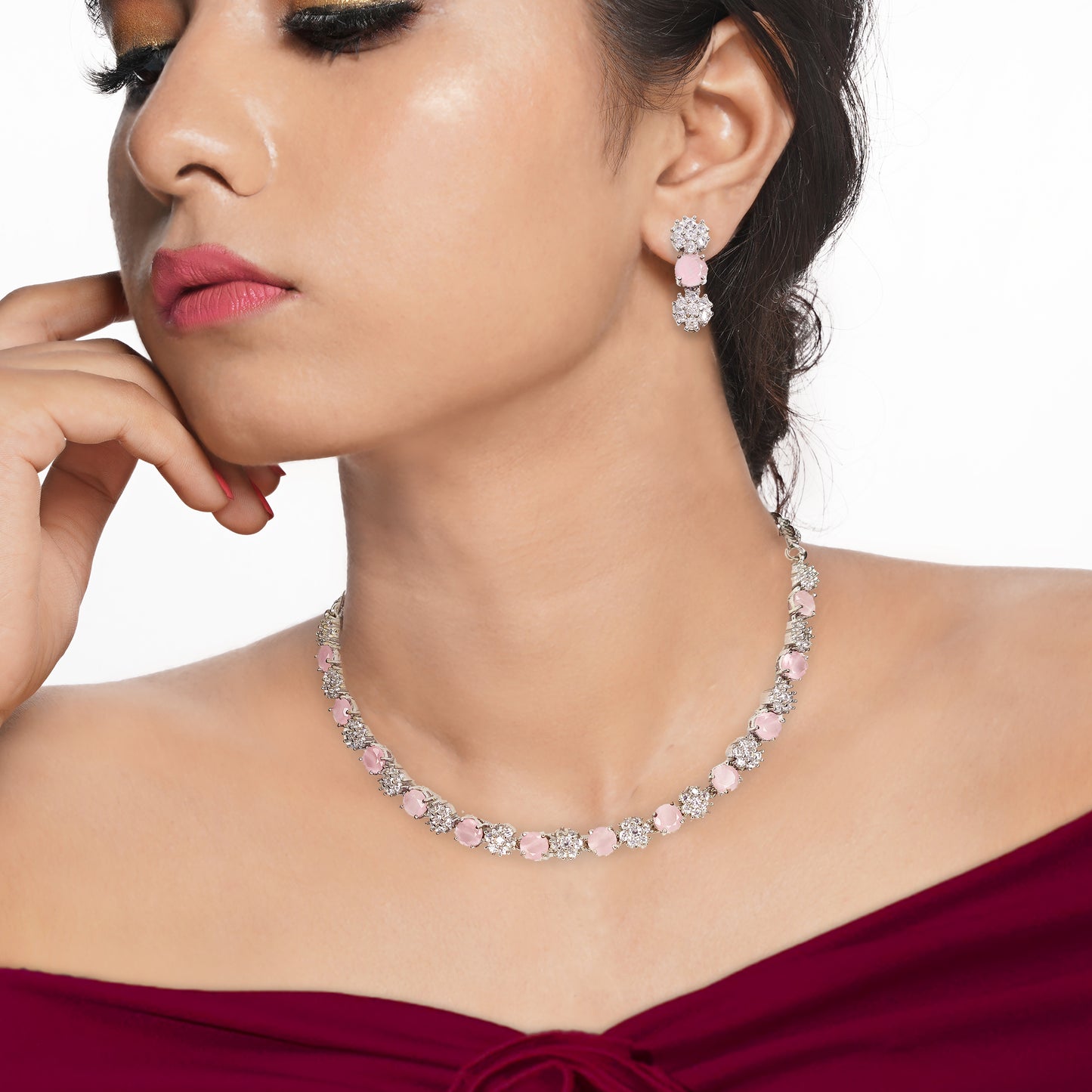 Rhodium Plated Floral Sleek American Diamond Studded Necklace with Earring Jewellery Set