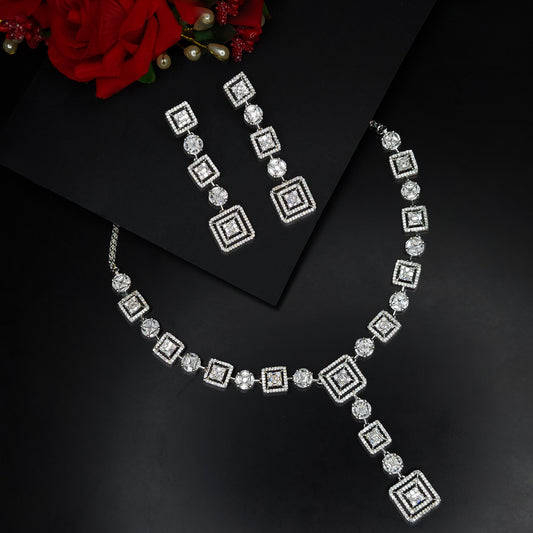 Rhodium Plated Designer American Diamond Studded Necklace with Earring Jewellery Set